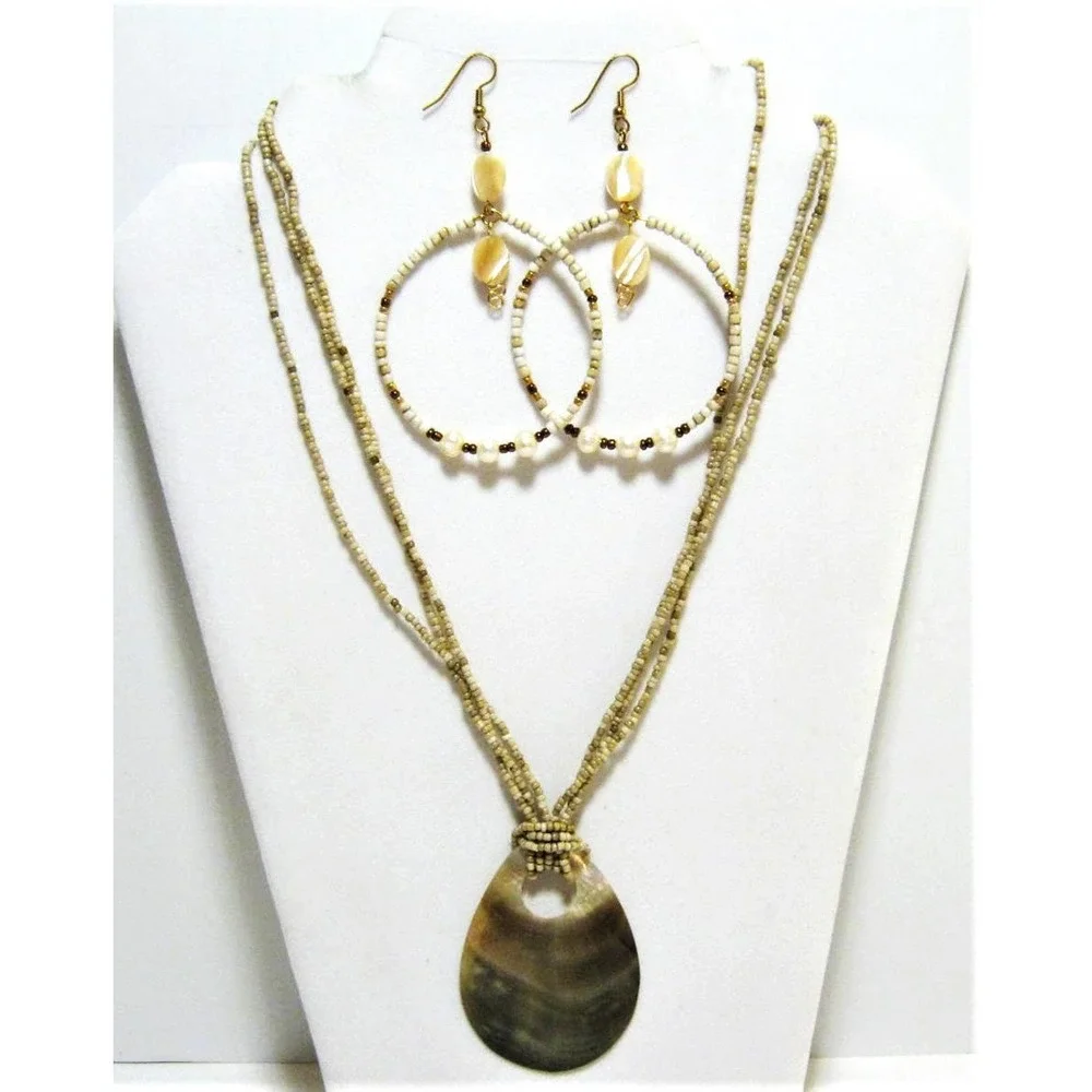 Genuine MOP Shell Beaded large Hoop Earrings and Pendant Necklace Jewelry Set